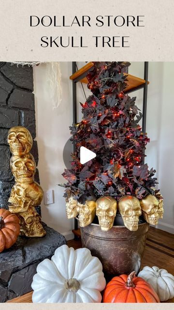 Jessica Cole on Instagram: "Here’s a fun DIY you can create using plastic skulls from @dollartree 💀  All supplies are linked in my LTK  https://liketk.it/4iEEt  What you need:   20” planter (I spray painted using marble finish spray) Tomato cage Zip ties  13 plastic skulls (dollar tree)- I spray painted gold  Lights (I used orange fairy lights) Leaf garland (I used 3-4 garlands and spray painted black)  Directions:   1) Place tomato cage upside down in planter and zip tie the top   2) Drill holes in the back of skulls to attach to the cage using zip ties  3) Wrap garland around the cage   4) Add lights!!   That’s it!!! 💀   @dollartree @homedepot @shop.ltk #halloween #halloweendiy #halloweendecor #halloweendecorations #halloweendecorating #halloweendecorideas #diyhalloweendecorations #diy Orange Fairy, Gold Lights, Creepy Costumes, Skull Crafts, Marble Finish, Tomato Cages, Fall Garland, The Cage, Halloween Trees