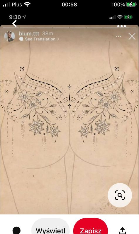 Womens Tattoos Sternum, Lower Back Tattoos Ornamental, Ornamental Waist Tattoo, Spiritual Stomach Tattoos, Lower Back Hip Tattoos, Ornamental Lower Back Tattoo, Ornamental Tramp Stamp, Ornamental Thigh Tattoo, Hippie Tattoos For Women