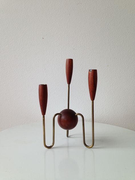 Vintage Danish candelabra.  Maven Collective, Portland, OR Mcm Candle Holder, Mid Century Candle Holders, Wood Objects, Mid Century Wood, Candle Lighting, The Jetsons, Mcm Decor, Silver Items, Danish Furniture