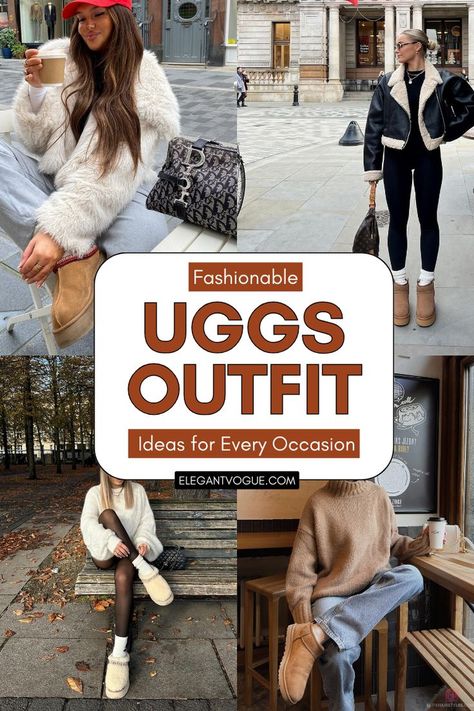 Uggs Outfit Ideas Ugg Shoes Aesthetic, Ugg Socks Outfits, Micro Ugg Boots Outfit, Ugg Ultra Mini Platform Boots Outfit, Fall Outfits Women Uggs, Ugg Boots Winter Outfits, Dressy Ugg Boots Outfit, Chunky Ugg Boots Outfit, Flare Jeans With Uggs