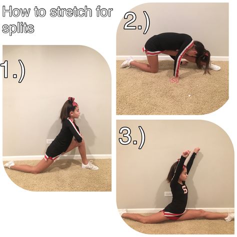 A great way for beginner or more advanced stretchers to improve their splits! #cheersquads #stretch Cheer Beginner Tips, Cheer Tumbling Beginner, Beginner Cheerleading Tips, Cheer Stretches For Beginners, Cheer For Beginners, Cheer Motions, Cheer Essentials, Cheerleading Motions, Cheer Conditioning