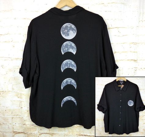 Hot Topic Moon Phases Oversized Button Up Shirt Womens Plus 1 Black Goth Witch Oversized Button Up Shirt, Goth Witch, Button Up Shirt Womens, How To Fold Sleeves, Phases Of The Moon, Black Goth, Moon Print, Black Button, Moon Phases