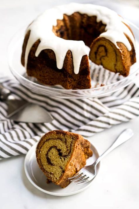 Bundt Cake Sour Cream, Cake Sour Cream, Cinnamon Bundt Cake, Swirl Bundt Cake, Whole30 Snacks, Joyous Apron, Cinnamon Swirls, Cinnamon Icing, Sweet Breakfast Treats