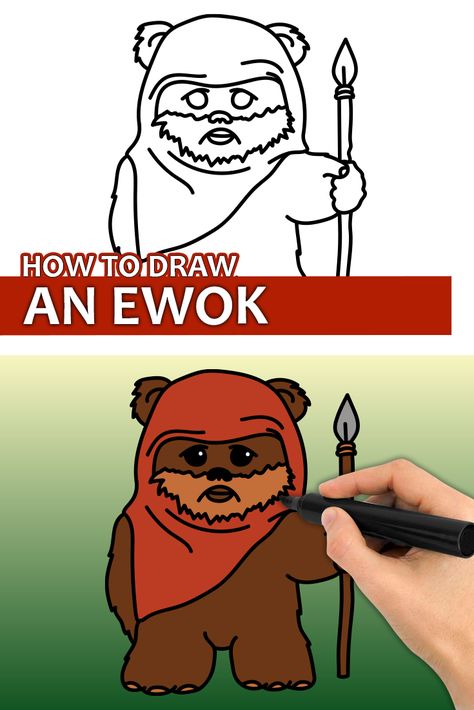 Learn how to draw an Ewok from Star Wars with this step by step drawing tutorial video. Enjoy! Ewok Coloring Page, Star Wars Drawings Easy Step By Step, Easy Starwars Drawing, Ewok Painting, How To Draw Star Wars Characters, Star Wars Easy Drawing, Star Wars Doodles Easy, How To Draw Star Wars, Star Wars Sketches Easy