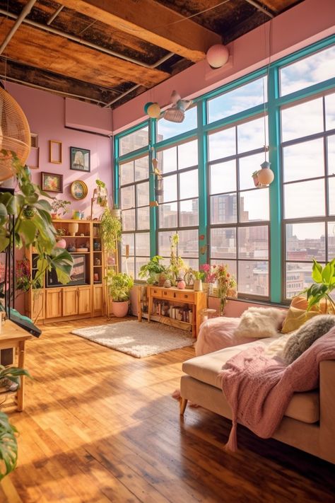 Wood And Colorful Interior, House Decorating Ideas Colorful, Aesthetic House Interiors Colorful, Pastel Home Design, Pastel Industrial Interior, Pastel Cottagecore Living Room, Cozy Pastel Aesthetic, Colorful Cozy Home, Pastel House Interior