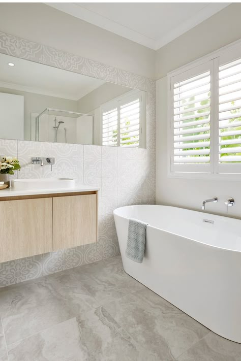 Beautiful En Suite Bathrooms, Silver Tapware Bathroom, Coastal Neutral Bathroom, Modern Coastal Bathrooms, Coastal Bathroom Ideas Hampton Style, Feature Tiles Bathroom, Coastal Hamptons Style Bathroom, Hampton Style Bathroom Tiles, Chrome Bathroom Ideas