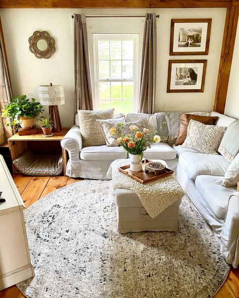 We’ve made a few changes to the family room. I decided I wanted a rug under the dining room table, so I moved the rug that was here to… Wood Wall Design, White Sectional, Small Living Room Layout, The Embrace, Livingroom Layout, Small Living Room, Cozy Living, Room Layout, Small Living