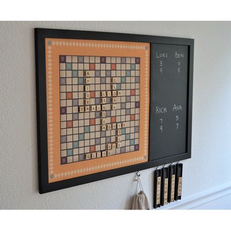 Game Room Artwork Wall Decor, Taproom Ideas, Basement Movie Room, Framed Calendar, Scrabble Wall Art, Scrabble Game, Scrabble Wall, Entertainment Wall, Contrasting Colours