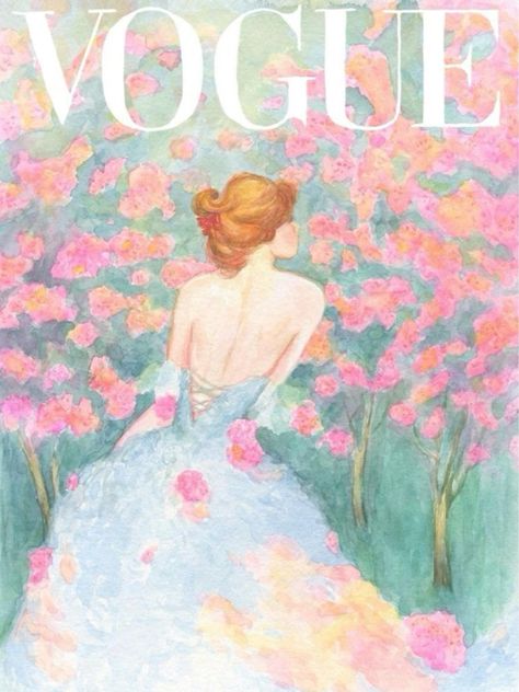 Vogue Painting Ideas, Vogue Covers Drawing, Watercolor Art Fashion Illustrations, Blue Vogue Covers, Pink Vogue Poster, Vintage Vogue Posters, Pink Vogue Aesthetic, Pinboard Ideas Aesthetic, Vogue Watercolor