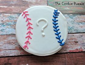 Baseball Gender Reveal Party Food, Baseball Gender Reveal Cookies, Baseball Gender Reveal Ideas, Baseball Gender Reveal Party, Cookie Puzzle, Baseball Gender Reveal, Creative Gender Reveals, Gender Reveal Cookies, Bow Gender Reveal