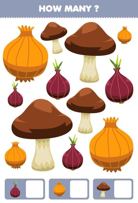 Mushroom Shallot, Cartoon Vegetables, Activity For Preschool, Vegetable Cartoon, Counting Activity, Game For Children, Counting Activities, Shallots, Vector Icons