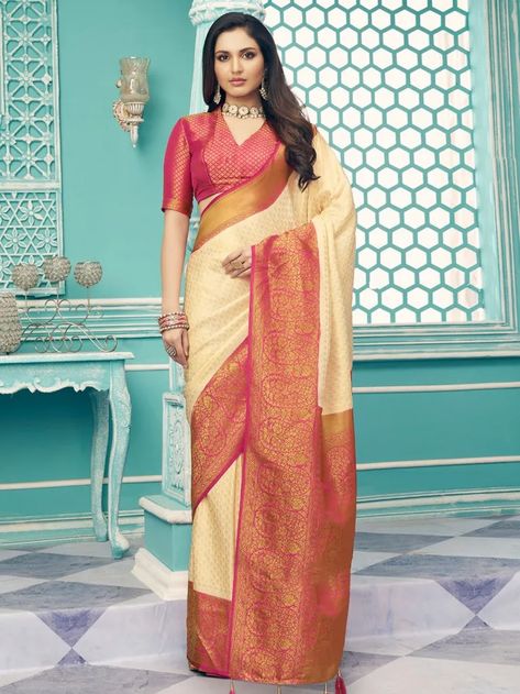 Buy Beige Red Woven Silk Blend Kanjivaram Saree | MSL-RYG-ANML-14006/MSL7 | The loom Cream Colour Saree, Contemporary Saree, Gudi Padwa, Pattu Saree Blouse Designs, Silk Weaving, Indian Designer Sarees, Designer Silk Sarees, Wedding Saree Indian, Trendy Sarees