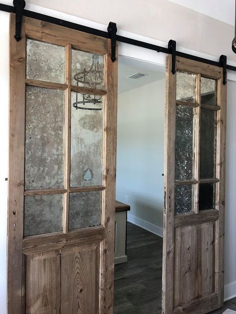 French Doors Interior Farmhouse, Office Barn Door Ideas, Doors To Separate Rooms, Farmhouse Bathroom Door, Rustic French Doors, Barn Door Ideas, Window Seat Ideas, Wood Barn Doors, Sliding Pantry Doors