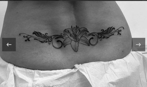 Hibiscus Lower Back Tattoo, Girly Lower Back Tattoos, Collar Bone Tattoo Baddie, Foot Tats For Women, Pretty Lower Back Tattoos, Lotus Lower Back Tattoo, Tattoo Ideas Female Lower Back, Cute Tramp Stamps, Waistline Tattoos Women