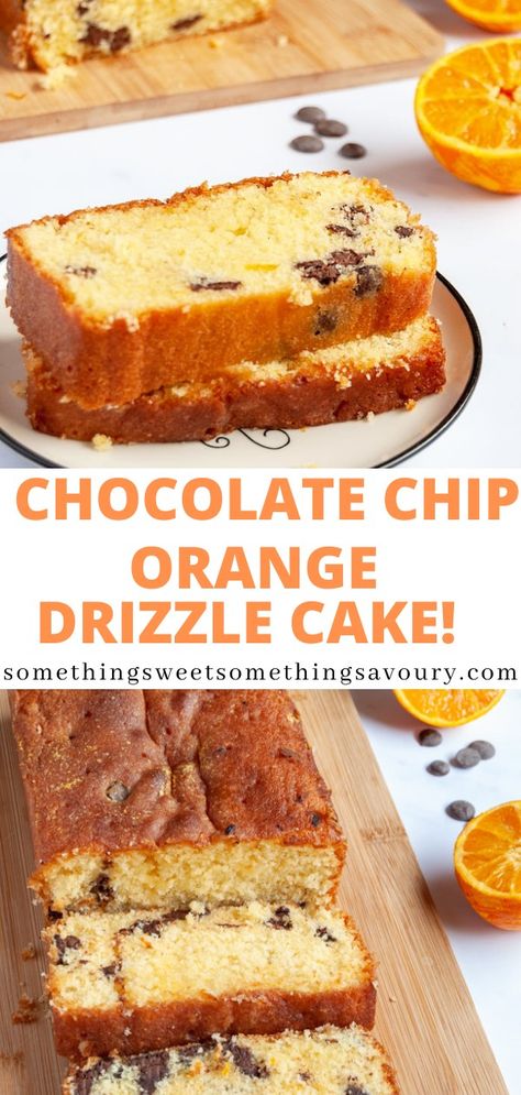 Orange Cake With Chocolate Chips, Orange Chocolate Chip Cake, Orange Drizzle Cake Recipes, Chocolate Orange Loaf, Orange Chocolate Recipes, Orange And Chocolate Cake, Orange Baking Recipes, Orange Chocolate Cake Recipe, Orange Syrup Cake