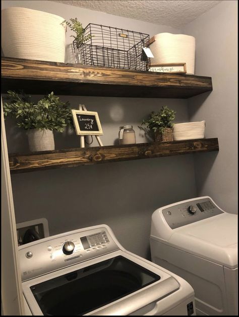 Small Laundry Room Floating Shelves, Adding Shelf In Laundry Room, Laundry Room Floating Shelves Decor, Floating Shelves Above Washer And Dryer, Shelves Above Laundry, Laundry Room Wood Shelves, Laundry Room With Floating Shelves, Laundry Shelves Above Washer, Laundry Room Floating Shelf