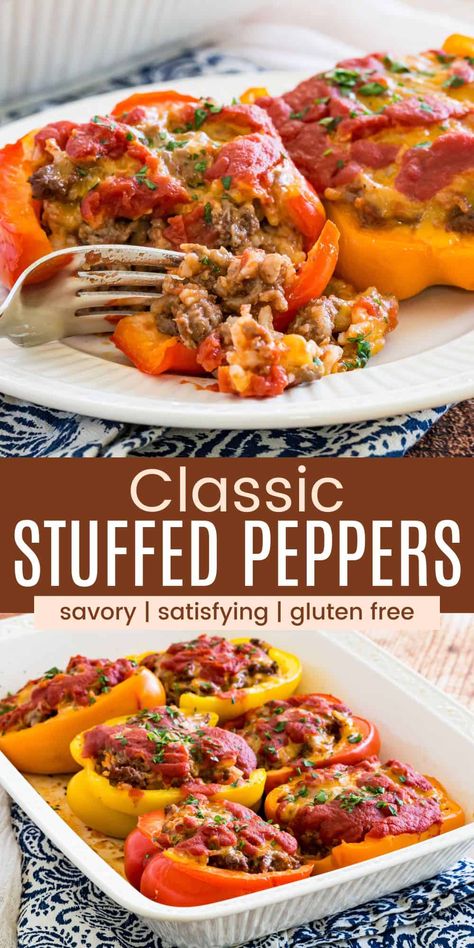 Classic Stuffed Peppers made with tender and sweet bell peppers filled with flavorful ground beef and rice with melty cheese. This recipe for hearty stuffed bell peppers is the perfect light meal, or you can serve them with your favorite side dishes. Stuffed Bell Peppers Ground Beef, Classic Stuffed Peppers, Easy Stuffed Pepper Recipe, Ground Beef And Rice, Easy Stuffed Peppers, Dinner Recipes For Two, Bell Pepper Recipes, Sweet Bell Peppers, Recipes For Two