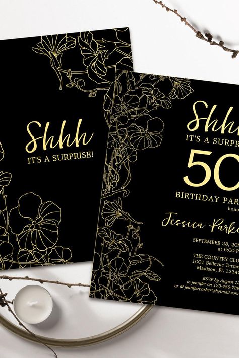 Gold Black Surprise 50th Birthday Invitation 50th Birthday Party For Women, Surprise 60th, Surprise 50th, 50th Birthday Invitation, 50 Birthday, 60th Birthday Invitations, 50th Birthday Invitations, 50th Birthday Party, 60th Birthday