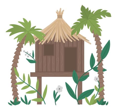 Vector illustration of jungle hoot with palm trees and leaves isolated on white background. Tropical bungalow on stilts picture. Cute funny exotic house in rainforest. Tropical Bungalow, Jungle Tree, Cottage Painting, Tree Illustration, Stilts, Cityscape Photos, School Project, Mini Canvas Art, Nature Backgrounds