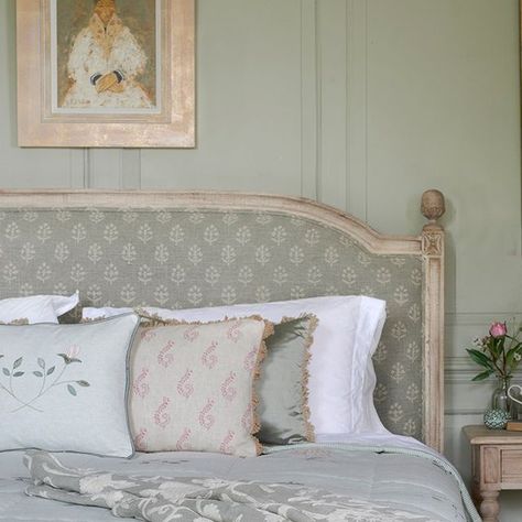 Susie Watson Designs on Instagram: "Create a tranquil and timeless bedroom by combining soft blue rustic textures with fresh bed linen 🩵" Upholstered Full Bed, Upholstered Bedhead, Timeless Bedroom, Susie Watson, Headboard Upholstered, Printed Linen Fabric, Perfect Bedding, Luxury Wallpaper, Guest Bed