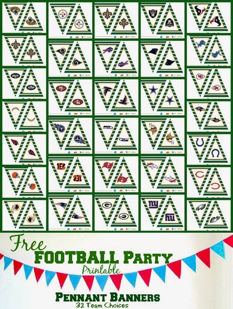 Free Printable Football Party Pennant Banners - 32 Team Choices ... Fantasy Draft Party, Football Printables, Baseball Tickets, Sports Theme Classroom, 32 Nfl Teams, Football Parties, Football Crafts, Baseball Ticket, Football Theme Party