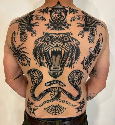 Traditional Tattoo Art Japanese, Backtattoos Back For Men, Trad Backpiece Tattoo, Traditional Chest Tattoo Men, Trad Back Tattoo, Bold Chest Tattoo, Black Work Back Tattoo, Cover Up Tattoos Men, Traditional Gap Filler Tattoo