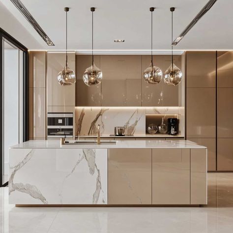 12+ Elegant Luxury Modern Kitchen Designs in Warm Beige • 333+ Inspiring Lifestyle Ideas Luxury Beige Kitchen, Warm Modern Kitchen Design, Neutral Kitchens, Luxury Houses Kitchen, Luxury Kitchen Design Modern, European Kitchen Design, Luxury Modern Kitchen, Inviting Kitchen, Inspiring Lifestyle