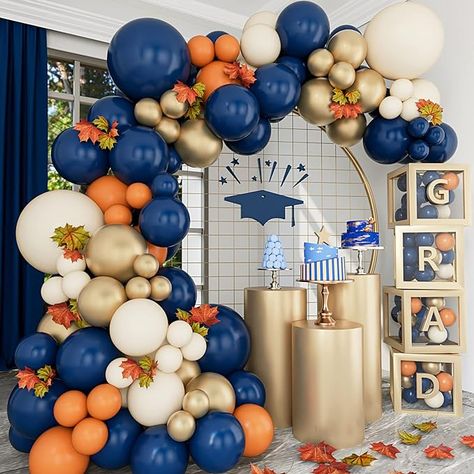 Amazon.com: Vurxanqo Graduation Balloon Arch, Navy Blue, Ivory White, Metallic Gold Burnt Orange Balloon Garland. : Home & Kitchen Gold Graduation Party, Orange Birthday, Balloon Arch Kit, Boy Birthday Decorations, Orange Balloons, Orange Party, Blue Graduation, Graduation Balloons, Garland Arch