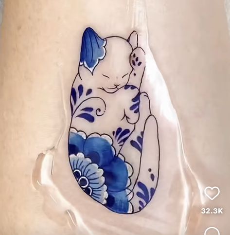 Porcelain Blue Tattoo, Blue And White Porcelain Tattoo, White Ink Cat Tattoo, Greek Cat Tattoo, Korean Cat Tattoo, Porcelain Cat Tattoo, Blue Ink Tattoos, Blue Tattoo, Cat Tattoo Designs