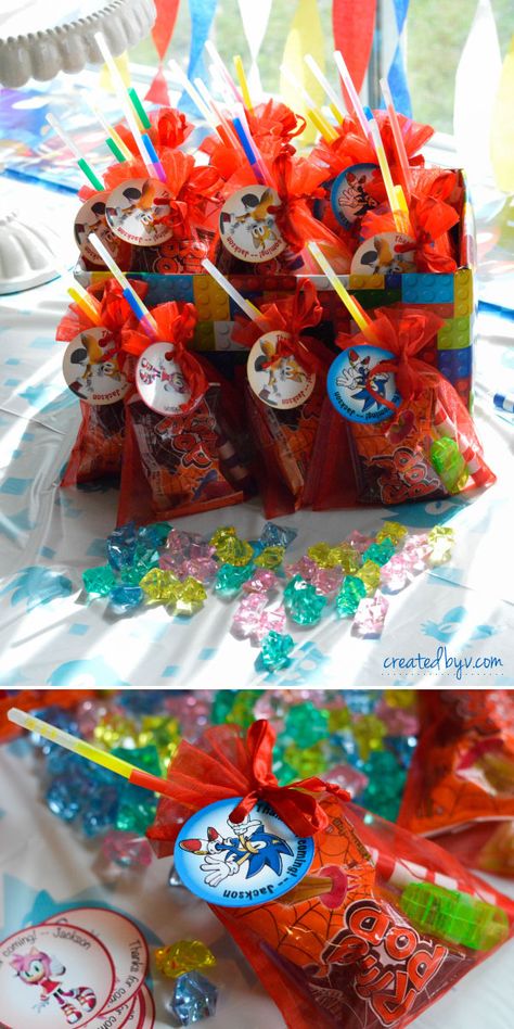 Super Sonic Birthday Party - created by v. Sonic Loot Bag Ideas, Sonic Birthday Goodie Bags, Sonic Loot Bags, Sonic The Hedgehog Treats Ideas, Sonic The Hedgehog Birthday Treats, Sonic Gift Bags, Sonic Party Bag Ideas, Sonic The Hedgehog Birthday Party Cake Ideas, Sonic The Hedgehog Party Decorations