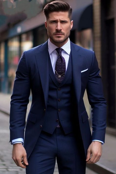 Blue Three Piece Suit, Event Attire, Stylish Mens Suits, Blue Suit Men, Blue Suit Wedding, Classy Suits, Formal Fashion, Suit For Men, Dress Suits For Men