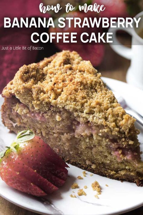 Enjoy a slice of moist and delicious banana strawberry cake! This crumb topped coffee cake with fruit filling is perfect for breakfast, snacks, or dessert. | justalittlebitofbacon.com #cakerecipes #dessertrecipes #coffeecake #bananacake #strawberries #bananas Cake With Fruit Filling, Strawberry Crumble Cake, Strawberry Coffee Cake, Cake With Fresh Strawberries, Easy Cream Pie, Homemade Coffee Cake, Almond Coffee Cake, Strawberry Coffee, Strawberry Crumble