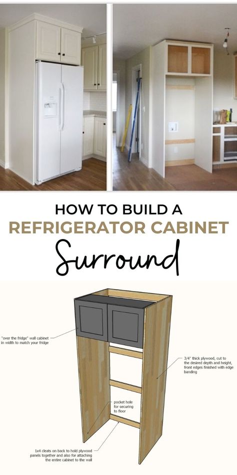 Refrigerator Cabinet Surround, Refrigerator Cabinet, Diy Kitchen Renovation, Kitchen Redo, Kitchen Cabinetry, Kitchen Remodel Idea, Updated Kitchen, Kitchen Makeover, Room Layout