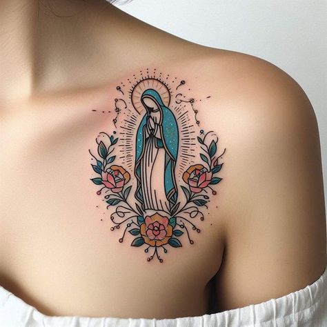 Virgin Mary Tattoo Color, Feminine Rosary Tattoo, Mama Mary Tattoo, Virgin Maria Tattoo, Ixchel Tattoo, Mexico Flag Tattoo, Sacred Heart Of Mary Tattoo, Lady Guadalupe Tattoo, Mother Teresa Tattoo