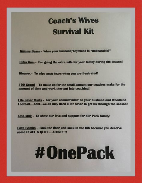 Wife Survival Kit, Football Coach Wife, Coaches Wife, Go The Extra Mile, Football Coach, Survival Guide, Survival Kit, School Stuff, Friday Night