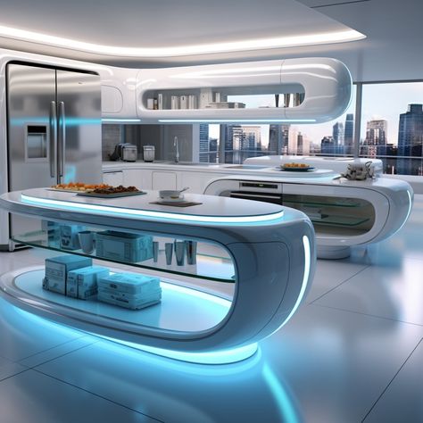 Future Kitchen Technology, Futuristic Material Board, Future Room Technology, Futuristic Appliances, Futuristic House Interior, Futuristic House Design, Futuristic Kitchen Design, Technology House, Futuristic Living Room