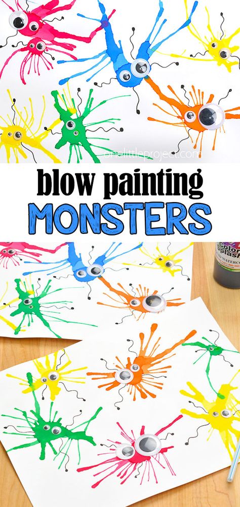 Monster Blow Painting with Straws | Blow Paint Monsters Craft Monster Blow Painting, Arts And Crafts For 4yrs Old, Blow Paint Monsters, Tissue Paper And Glue Art Projects, After School Daycare Activities, Kid Craft Ideas Easy, Art Sensory Activities, Fall Party Crafts For Kids School, Crafts For Kids Age 8-12