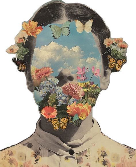 #SurrealCollageArt #Woman #BlueSky #Butterflies #Flowers #VintageCut-and-paste #PhotoMontage #Surrealist #19:26AspectRatio #TheCandie Digital Self Portrait Collage, Photomontage Collage, Surrealism Collage, Surreal Collage Art, Face Collage, Inspirational Digital Art, Collage Portrait, Nate Diaz, Digital Collage Art