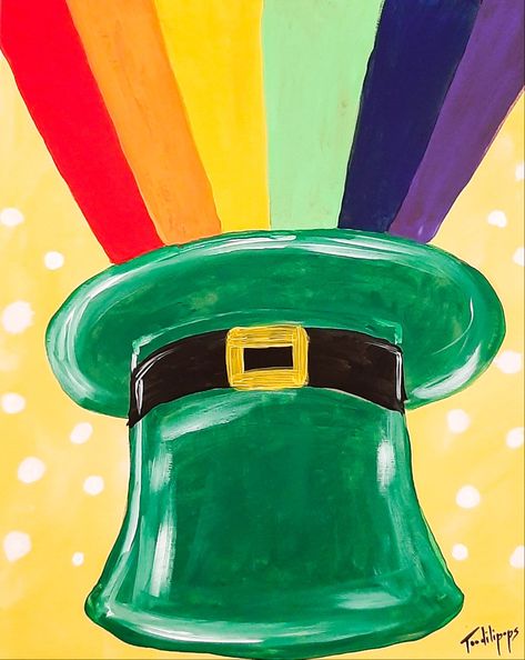 Rainbow and leprechaun hat with gold background in acrylic paint St Patrick's Day Canvas Painting Ideas, St Patrick's Day Window Painting, St Patricks Day Paintings On Canvas Kids, March Painting Ideas Canvases, March Painting Ideas For Kids, Saint Patricks Day Paintings, St Patricks Canvas Painting Ideas Easy, St Patricks Day Canvas Painting Ideas, St Patricks Paintings On Canvas