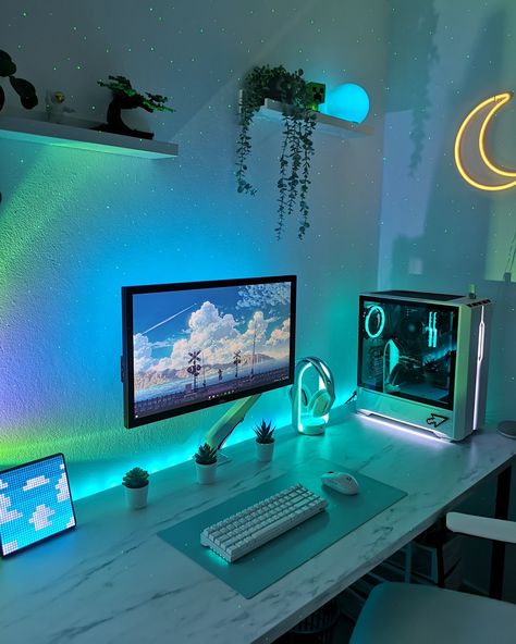 Mint Gaming Setup, Teal Desk, Aqua Room, Gaming Computer Room, Kids Room Grey, Kali Design, Vibey Room, Gamer Decor, Game Setup