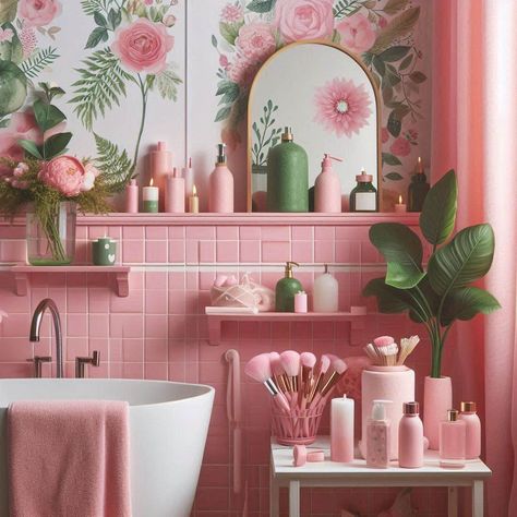 Pink and Green Bathroom Pink And Green Interior Design, Pink And Green Bathroom Ideas, Pink Green Bathroom, Pink And Green Bathroom, Vintage Tile Bathroom, Pink Tile Bathroom, Bold Tile, Bohemian Bathroom, Silver Bathroom