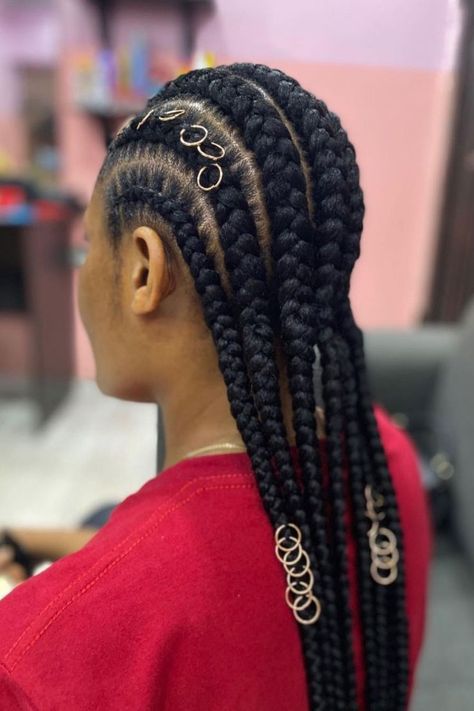 Feed-in Cornrow Braids With Hair Rings ❤Explore the gorgeous cornrows hairstyles that can tame your hair once and for all. ❤ #lovehairstyles #hair #hairstyles #haircuts Hair Rings Braids Black Women, Braids With Hair Rings, Chunky Cornrows, Protective Styles For Natural Hair Short, Goddess Braid Styles, Women Cornrows, Lisa Hair, Cornrows Braids For Black Women, Cornrow Braids