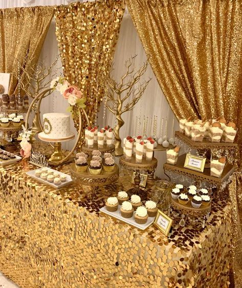 Dripping in Gold 18th Birthday | CatchMyParty.com Gold Party Theme Birthday Ideas, Golden Age Birthday Party Ideas, Gold Party Table Decorations, All Gold Birthday Party, Gold Bday Party Ideas, Gold Rush Prom Theme, Golden Theme Party Decor, Gold Birthday Food Ideas, Gold Themed Birthday Party Decoration