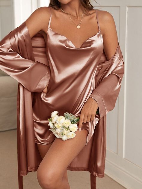 Draped Collar Satin Cami Dress & Belted Robe PJ Set / Pajama Set | SHEIN USA Satin Lingerie Dress, Satin Night Dress, Sleeping Clothes, Pijamas Women, Nightwear Dress, Satin Cami Dress, Draped Collar, Elegant Lingerie, Belted Robe