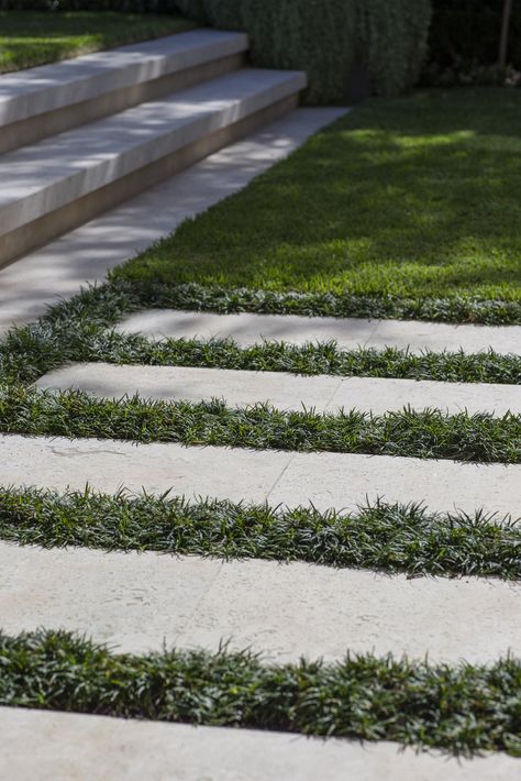 Mondo Grass Pavers, Stone Walkway Ideas, Backyard Pathway, Pathway Design, Garden Landscaping Design, Sydney Gardens, Materials Board, Landscape Details, Side Yard Landscaping