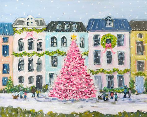 Christmas Print on Paper or Canvas, main Street Christmas - Etsy Framing Canvas, A Pink Christmas, Christmas Paintings On Canvas, Pink Tree, Black Board, Pink Trees, Christmas Canvas, Christmas Print, Christmas Paintings