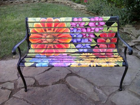 Amy Woods sweet bench!!! Have a seat!! Painted Outdoor Furniture, Armoire Design, Hand Painted Chairs, Painted Benches, Garden Bench Diy, Whimsical Painted Furniture, Whimsical Furniture, Deck Paint, Painted Chairs