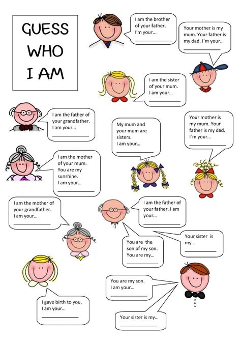 Ejercicio de Family members - guess who I am Who I Am Worksheet, I Am Worksheet, Relationship Worksheets, Family Worksheet, English Teaching Materials, English Activities For Kids, English Exercises, English Games, English Worksheets For Kids