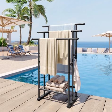 PRICES MAY VARY. [Tall Enough] The tall towel rack free-stand, 26''L×12.6''W×32''/36''/40''H, keeps the big bath towels away from the floor. The stable base design will prevent it from wobbling or tipping over. [Wide Tier Space] 4.6in, the wide enough tier space of the 3-tier free-standing towel rack, makes the towels, bath towels, and blankets dry quickly. In addition, 4 movable hooks provide more flexible storage space to you. [Stable Base Design] The floor Towel Rack Stand with the shelf, own Pool Towel Organization Ideas, Diy Pool Towel Rack Outdoor, Hot Tub Towel Rack Outdoor, Pool Towel Drying Rack, Pool Towel Storage Ideas, Towel Rack For Pool, Blanket Stand, Towel Rack With Shelf, Pool Towel Storage