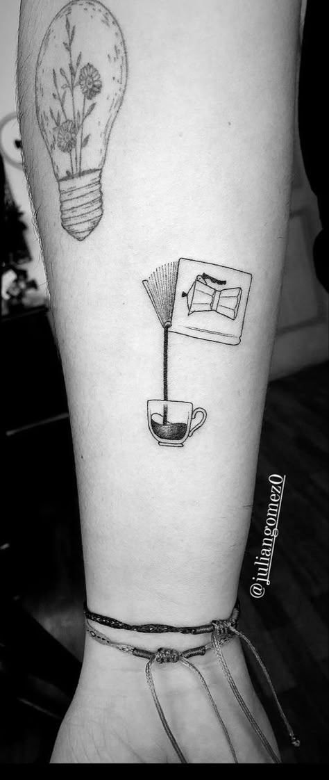 Coffee And Book Tattoo Ideas, Dainty Coffee Tattoo, Coffee Tattoo Ideas Minimalist, Book And Wine Tattoo, Book Coffee Tattoo, Coffee Book Tattoo, Coffee And Book Tattoo, Literature Tattoos Minimalist, Books And Coffee Tattoo